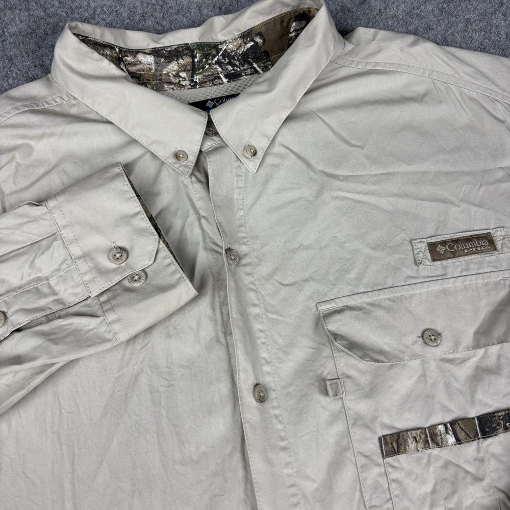Columbia PFG Fishing‎ Shirt Mens 2XL Tan Camo Long Sleeve Vented Outdoor Casual
